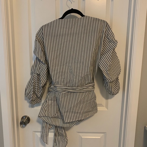 Fever black & white striped wrap blouse with tie L - Picture 4 of 4